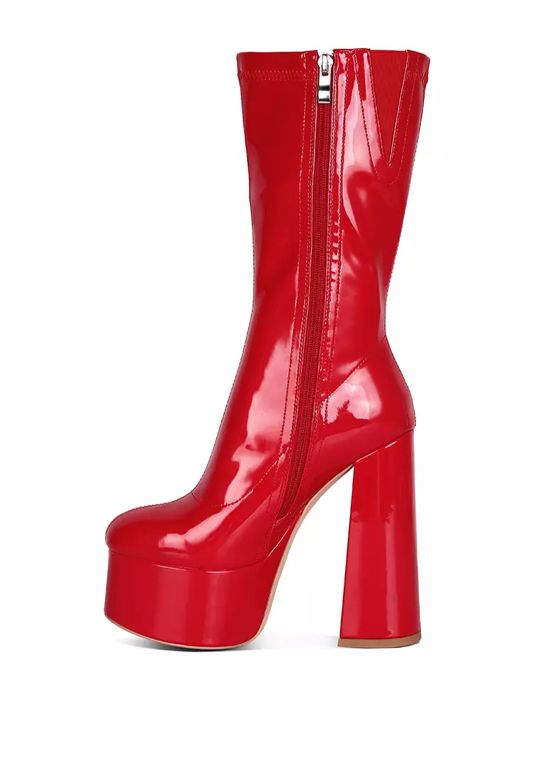 Red Patent PU High Block Heeled Ankle Boot