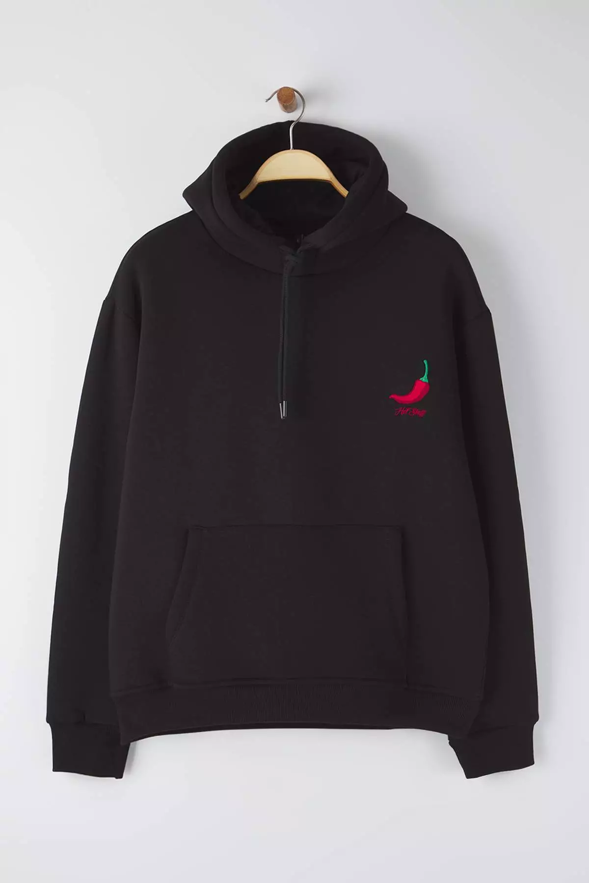 Black Pepper Embroidered Oversize/Wide Cut Fleece Inside Hooded Sweatshirt