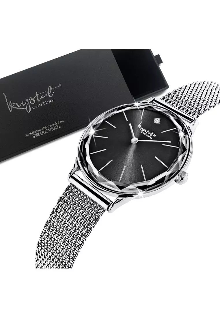 Geometric Mineral Glass Feat SWAROVSKI®Crystal Watch Silver Black