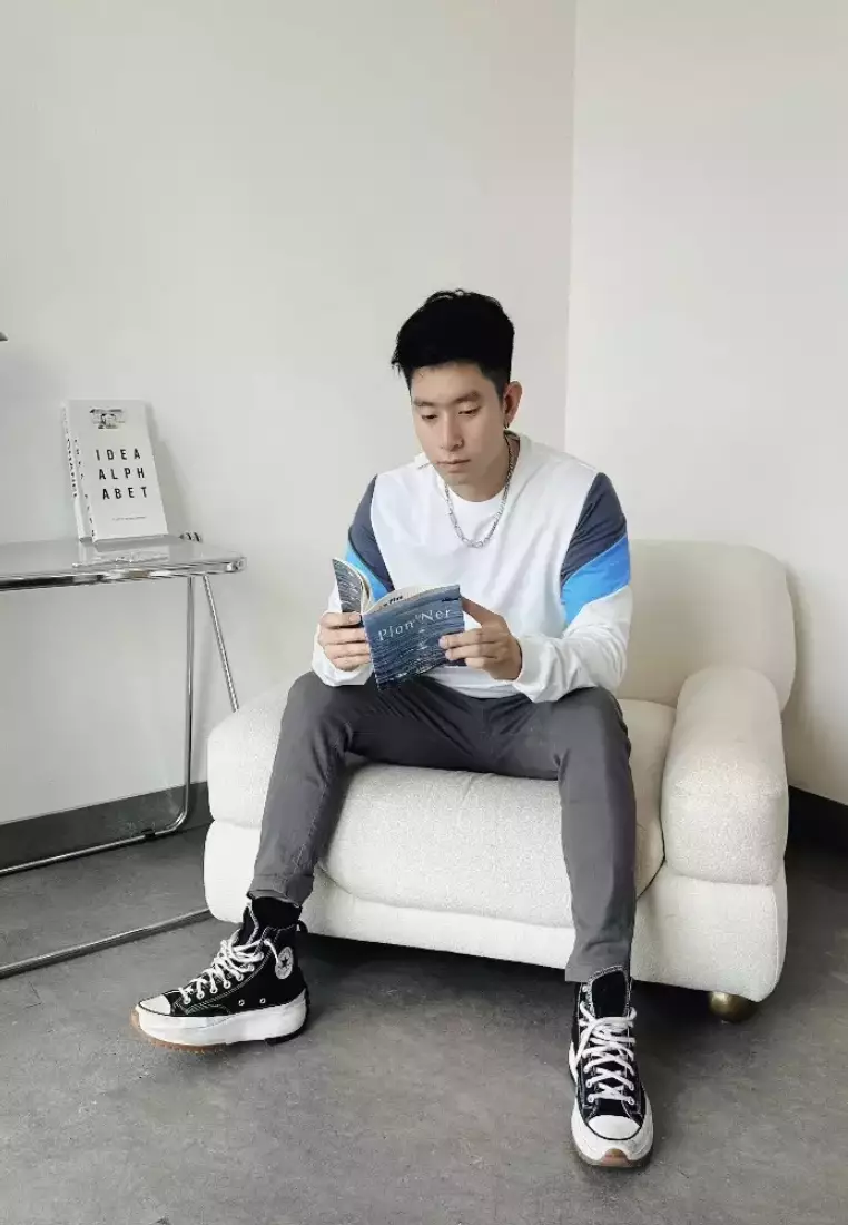 Kale Dael White Blue / Sweater Pria Bahan Baby Terry Premium Kombinasi