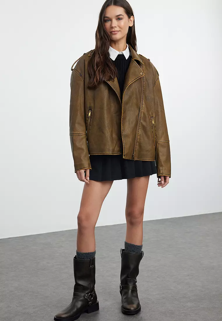 Brown Oversized Wash Effect Faux Leather Biker Jacket Coat