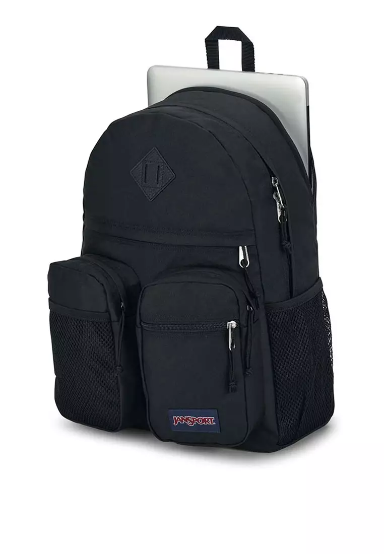 Black jansport backpack with water bottle holder hotsell
