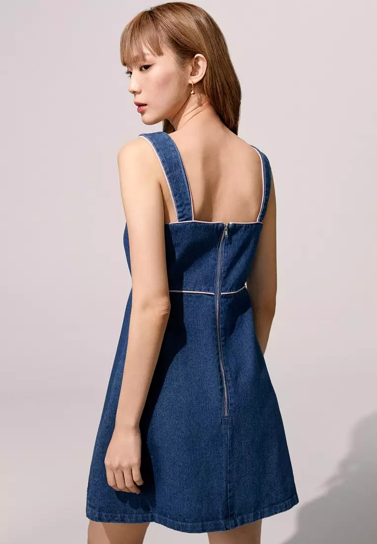 Heart-Shaped Button Detail Denim Mini Dress - Blue