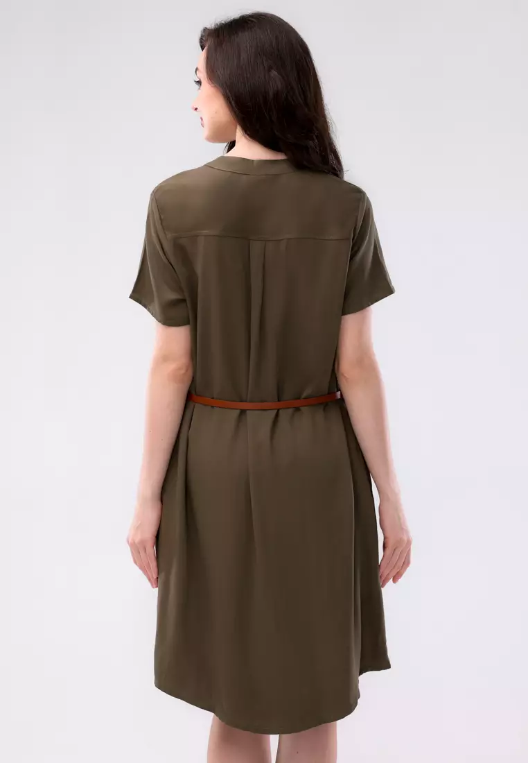 Plain Single Bold Twill Short Sleeve Dress