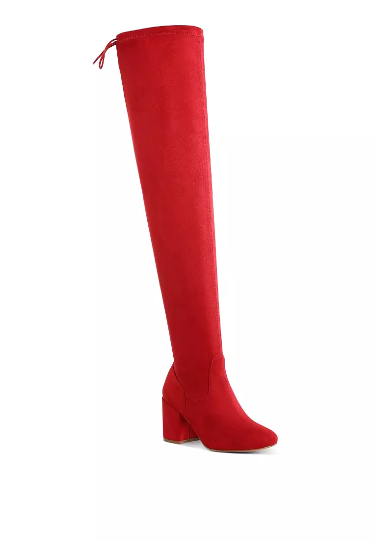 Minimal Drawstring Detail Knee-High Boots in Red