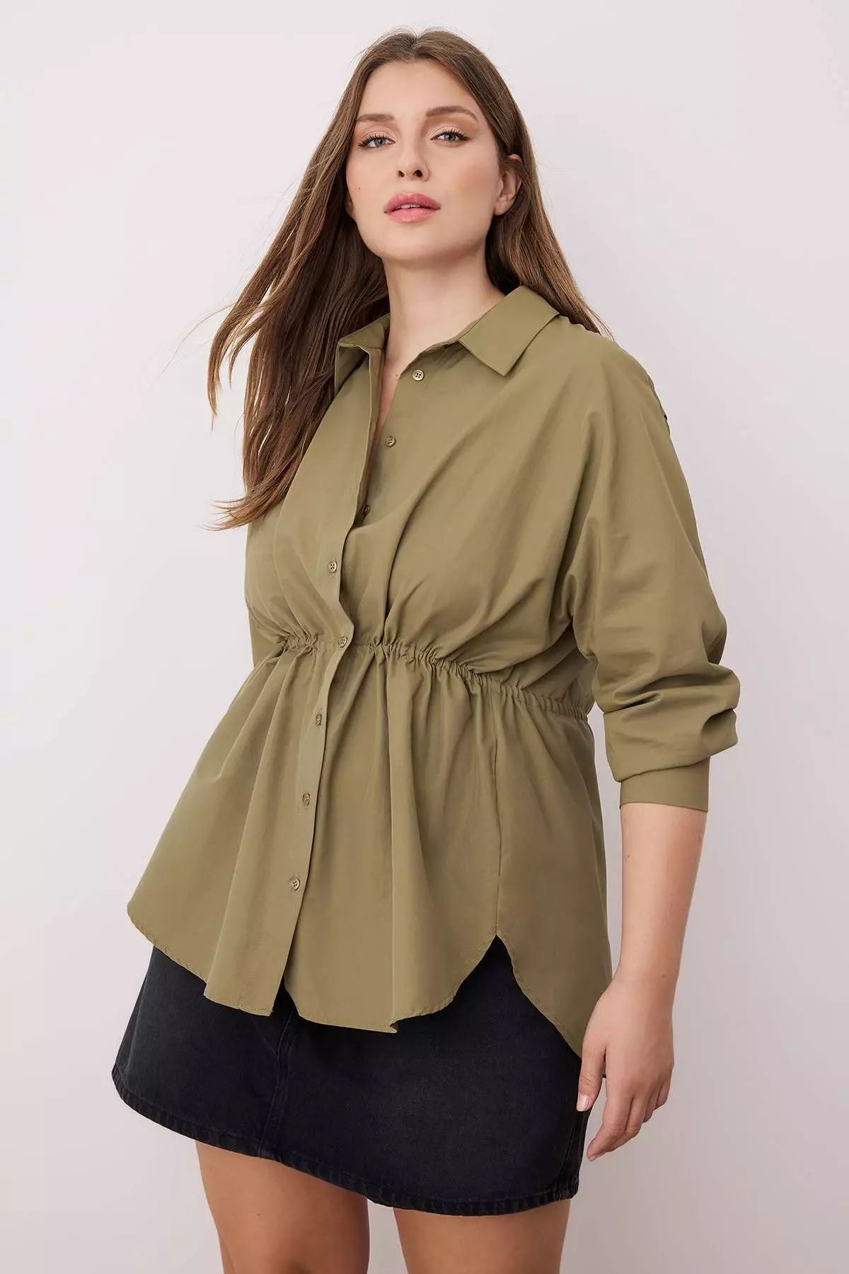 Khaki Pleated Woven Plus Size Shirt