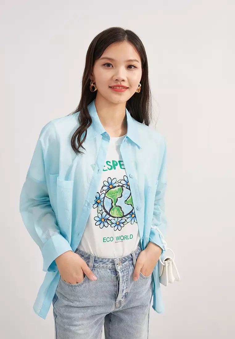 Loose Fit Semi Sheer Button Blouse