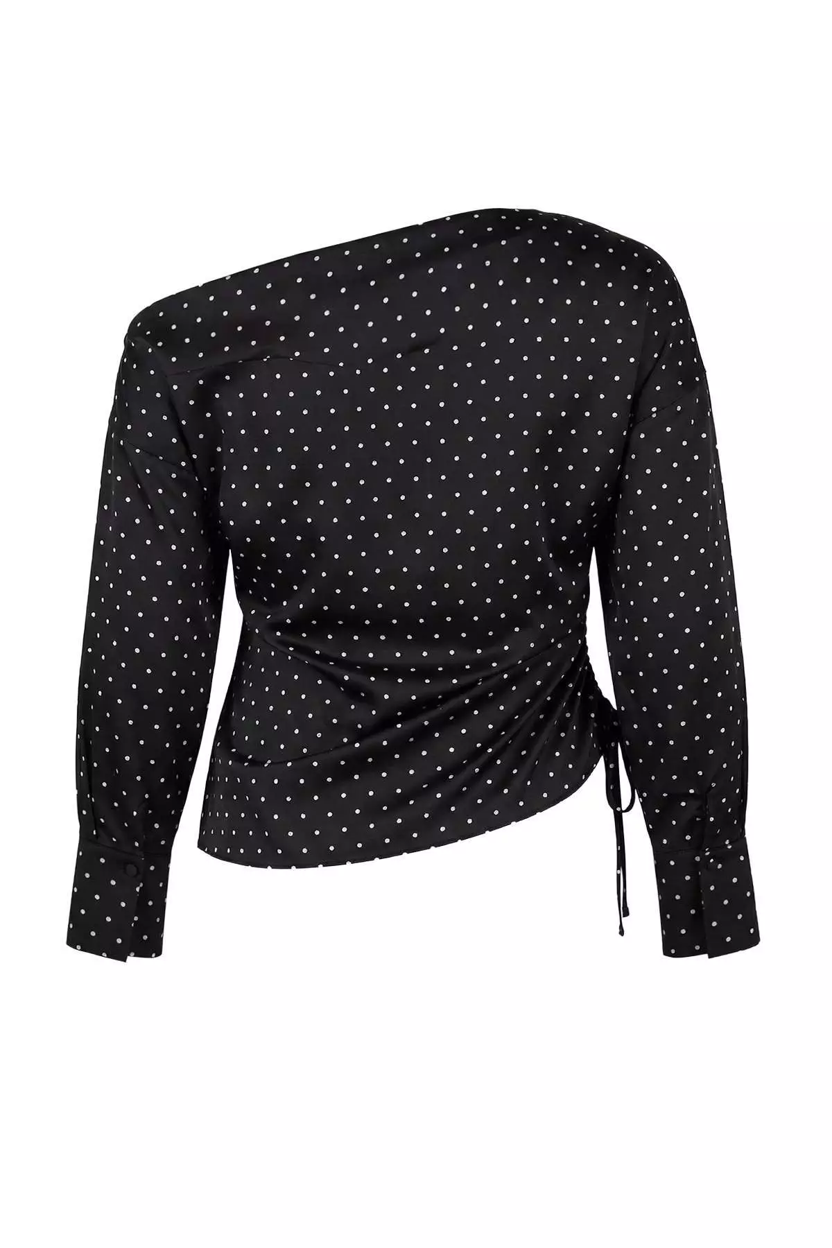 Black Satin Polka Dot Patterned Long Sleeve Woven Plus Size Blouse Tbbss26Af00019