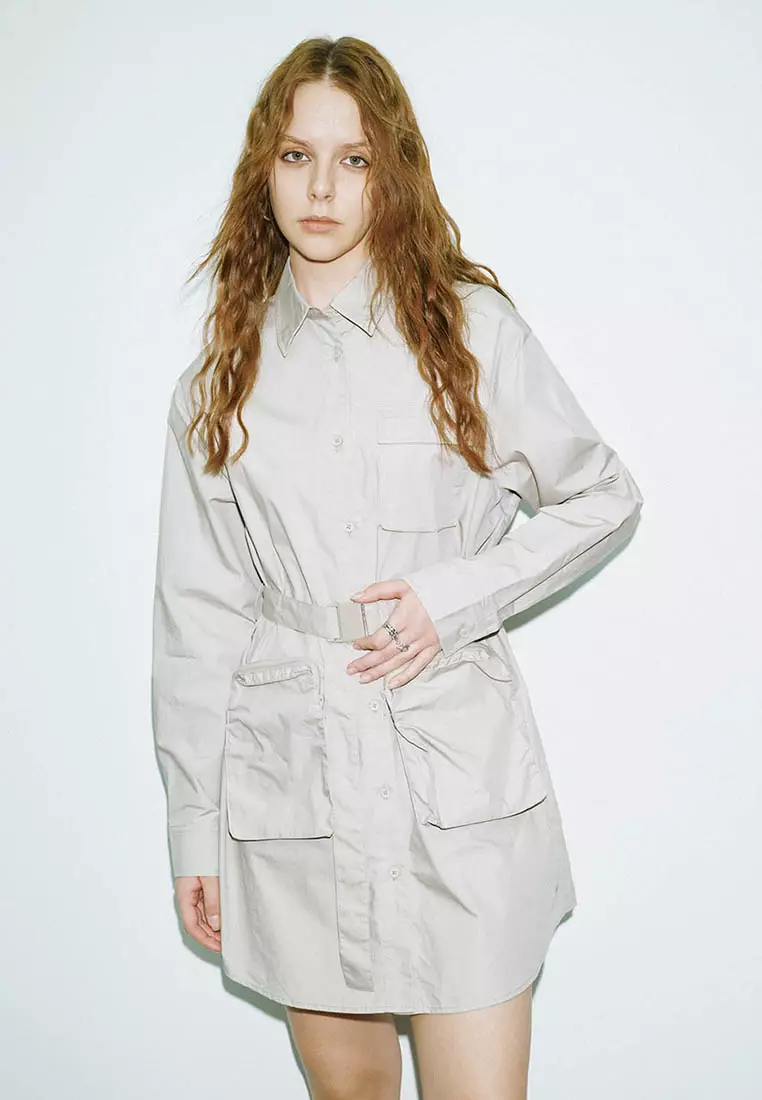 女装时尚休闲工装风立体口袋宽松连衣裙