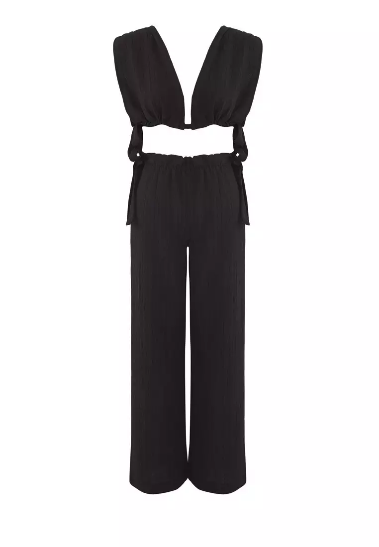 Black Woven Binding Detailed Deep V-Neck Beach Blouse Pants Suit Tbess25Au00088