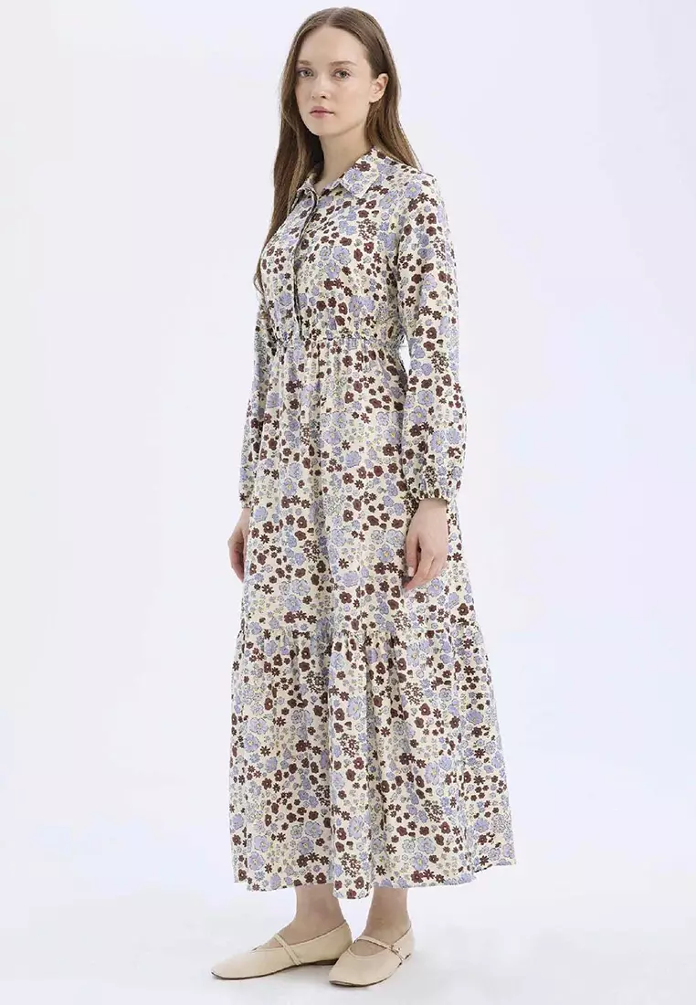 Shirt Collar Print Long Sleeve Maxi Dress