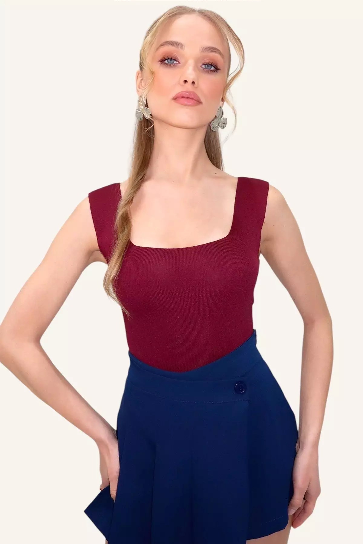 Women's Plum Square Neck Slim Mercerized Blouse