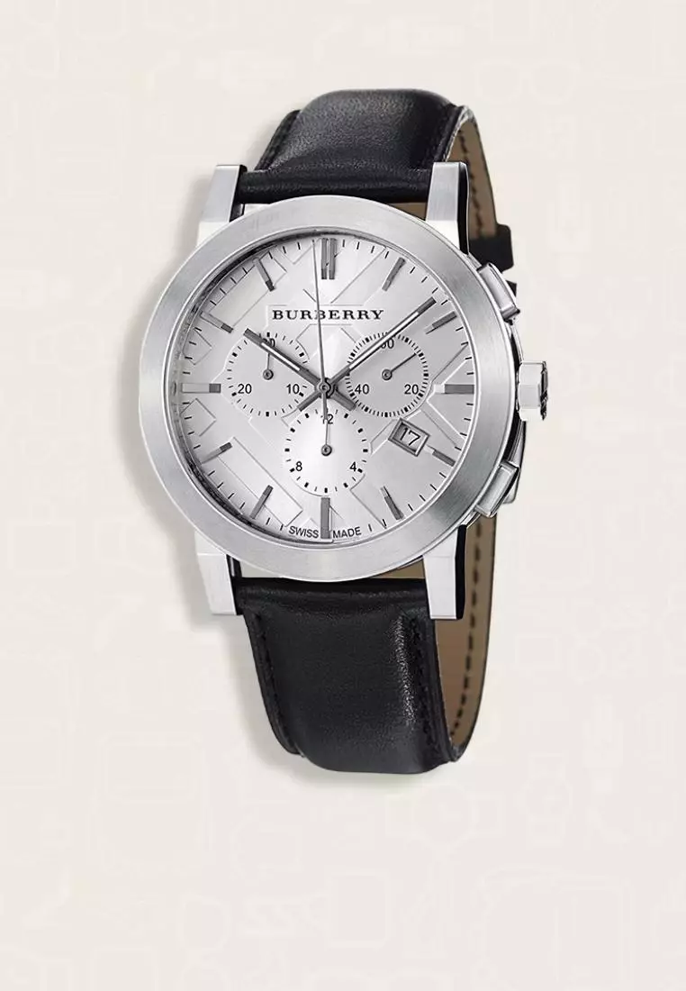 Jam Tangan Pria Burberry The City Chronograph Dial Steel Black Leather Men's Watch