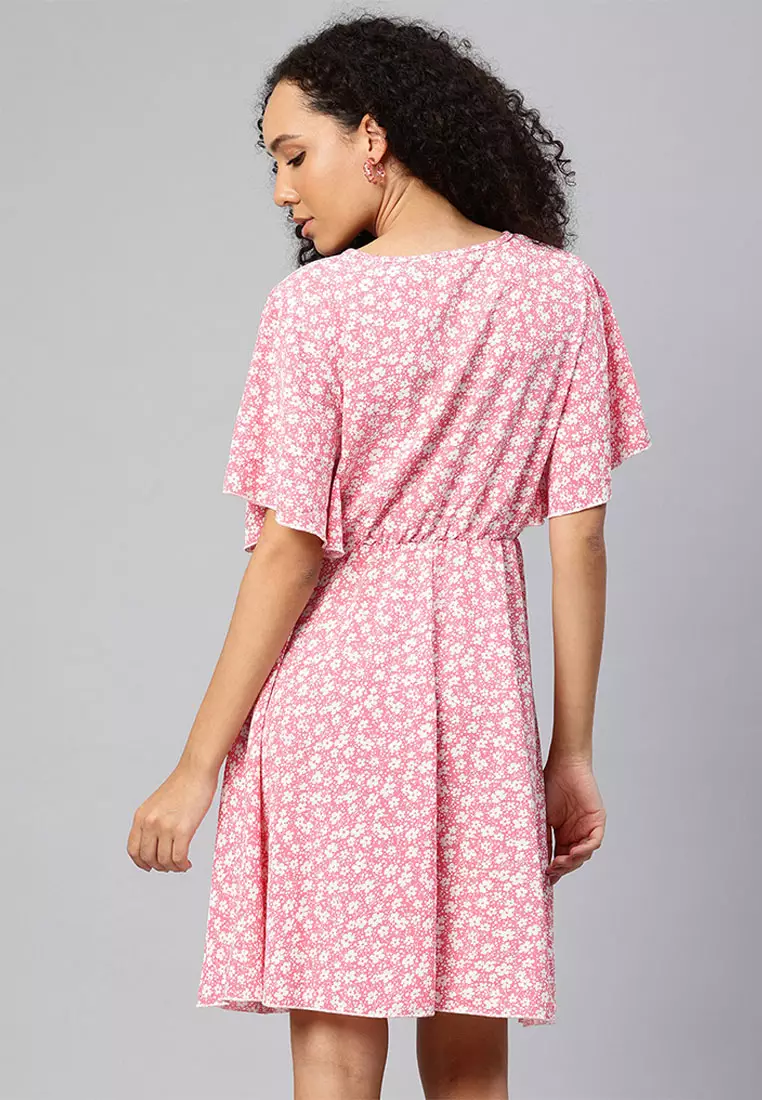 V-Neck Floral Midi Dress in Pink