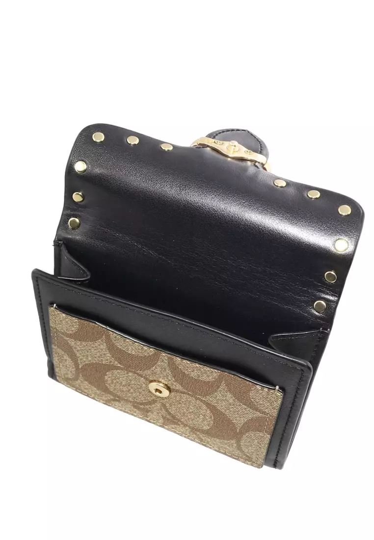 Georgie Small Wallet In Colorblock Signature Canvas With Rivets - Brown/Terracotta