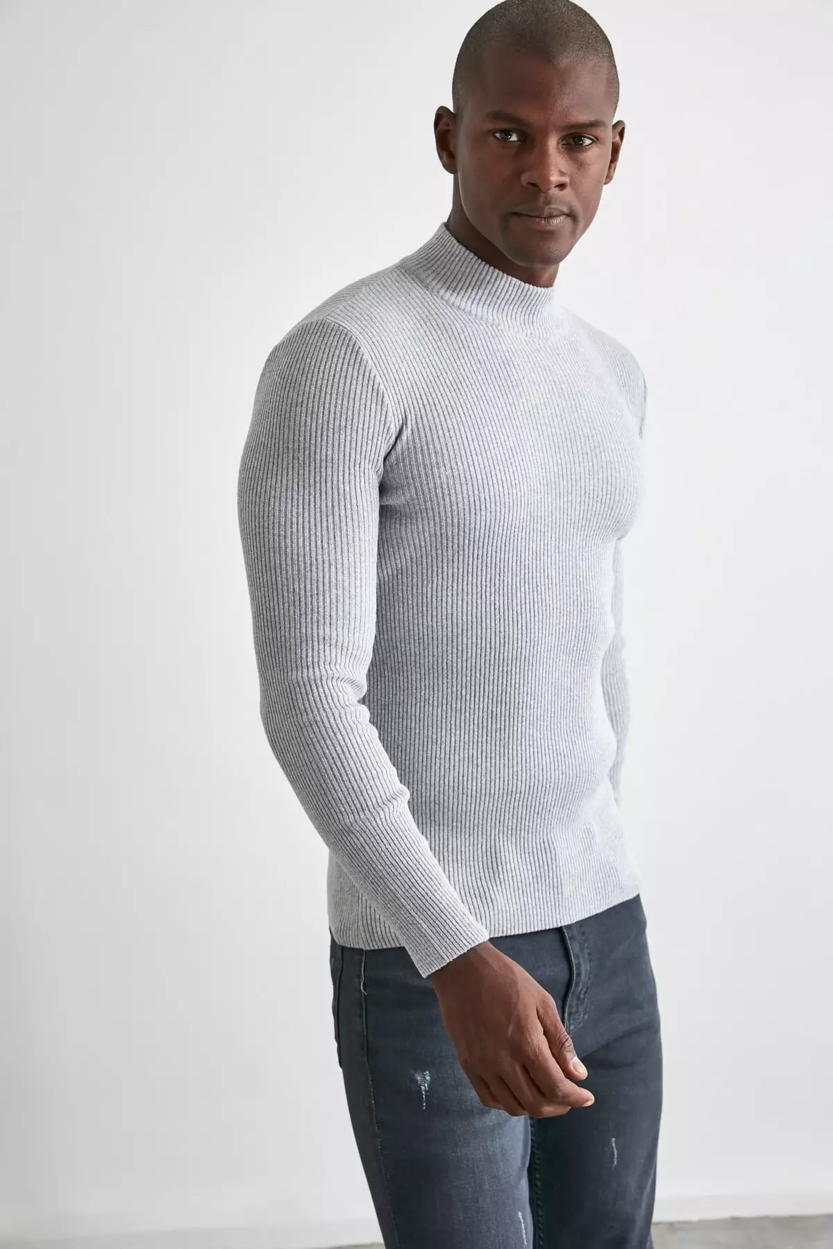 Gray Fitted Cotton Half Turtleneck Plain Knitwear Sweater Tmnaw21Kz0568