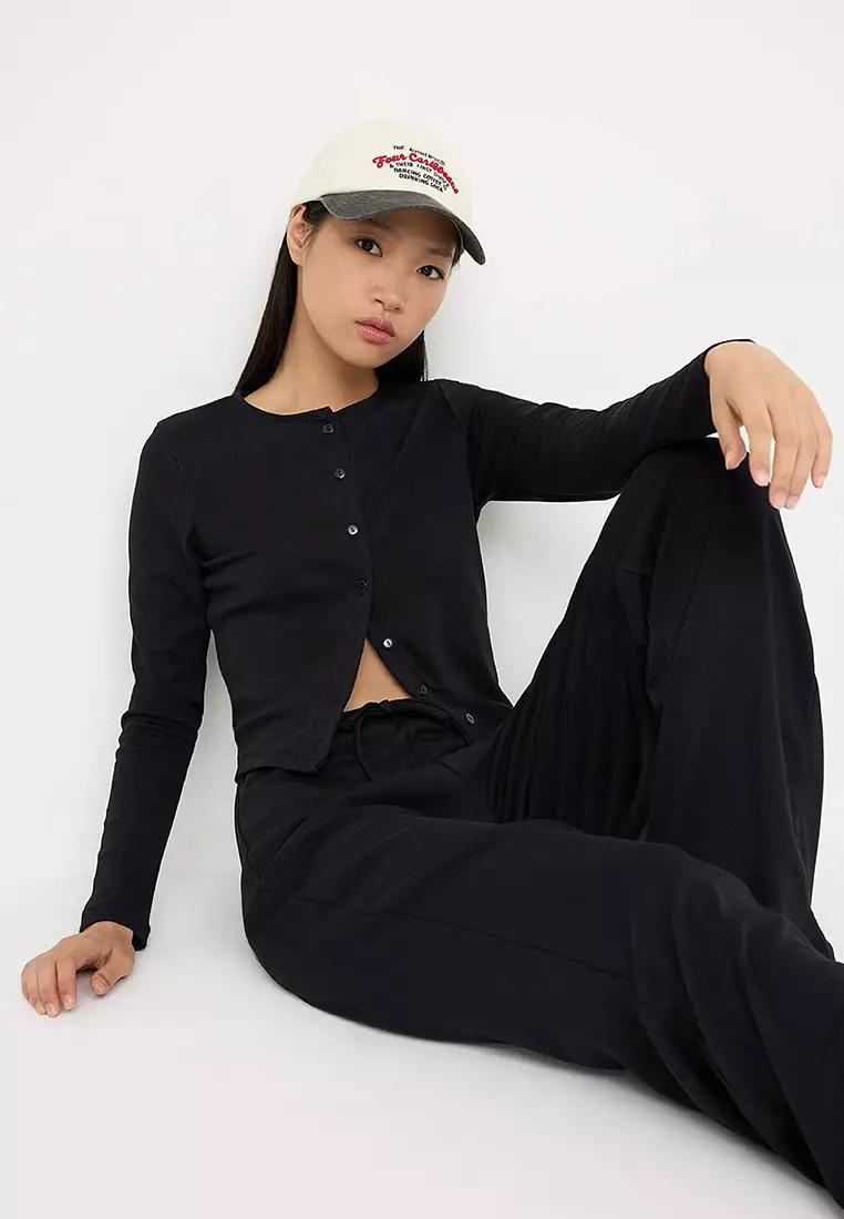 Teen Black Buttoned Fitted/Body-Sit Crew Neck Flexible Knitted Bottom - Top Set Twoaw26Au00075