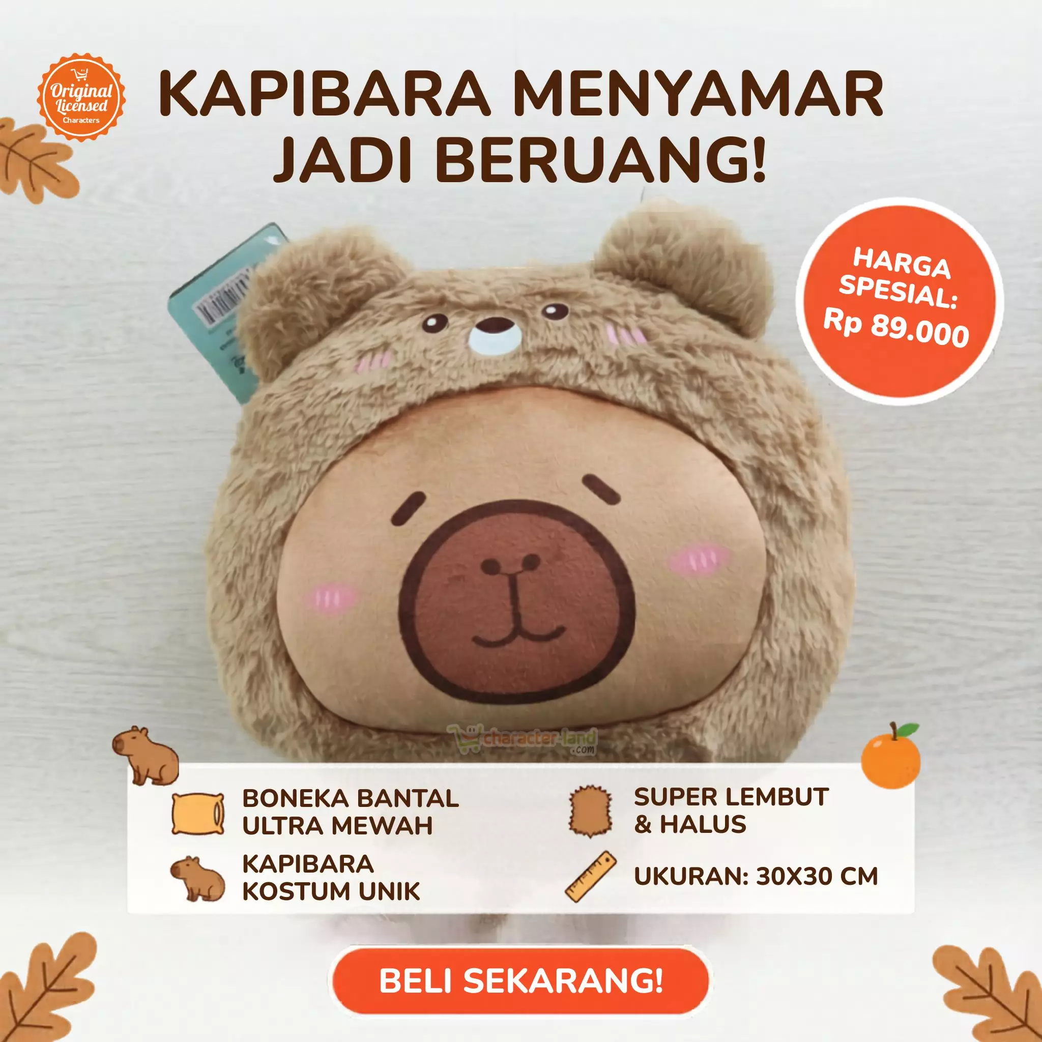 Boneka Bantal Kepala Kapibara Costum Bear 30 cm