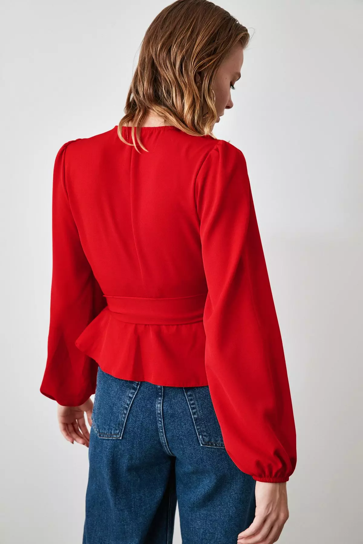 Puffed Sleeve Belted Wrap Blouse