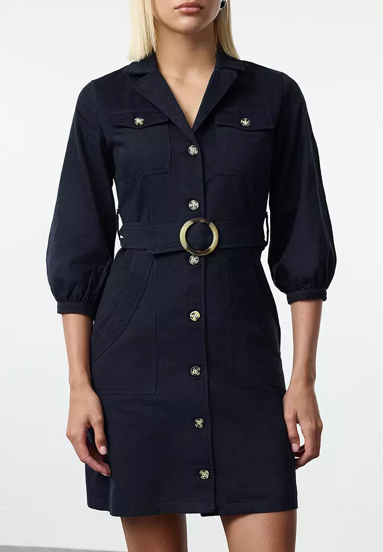 Navy Blue Straight Belted Jacket Mini Button Detailed Woven Dress TWOAW20EL1156