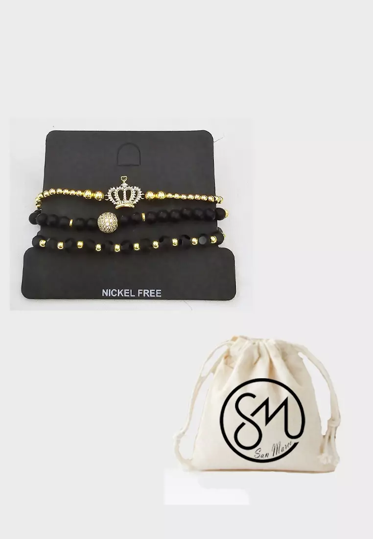 Women's Accessories Jewellery Gelang  3 in 1 Wanita Crown Studded Bangle Set Black & Gold