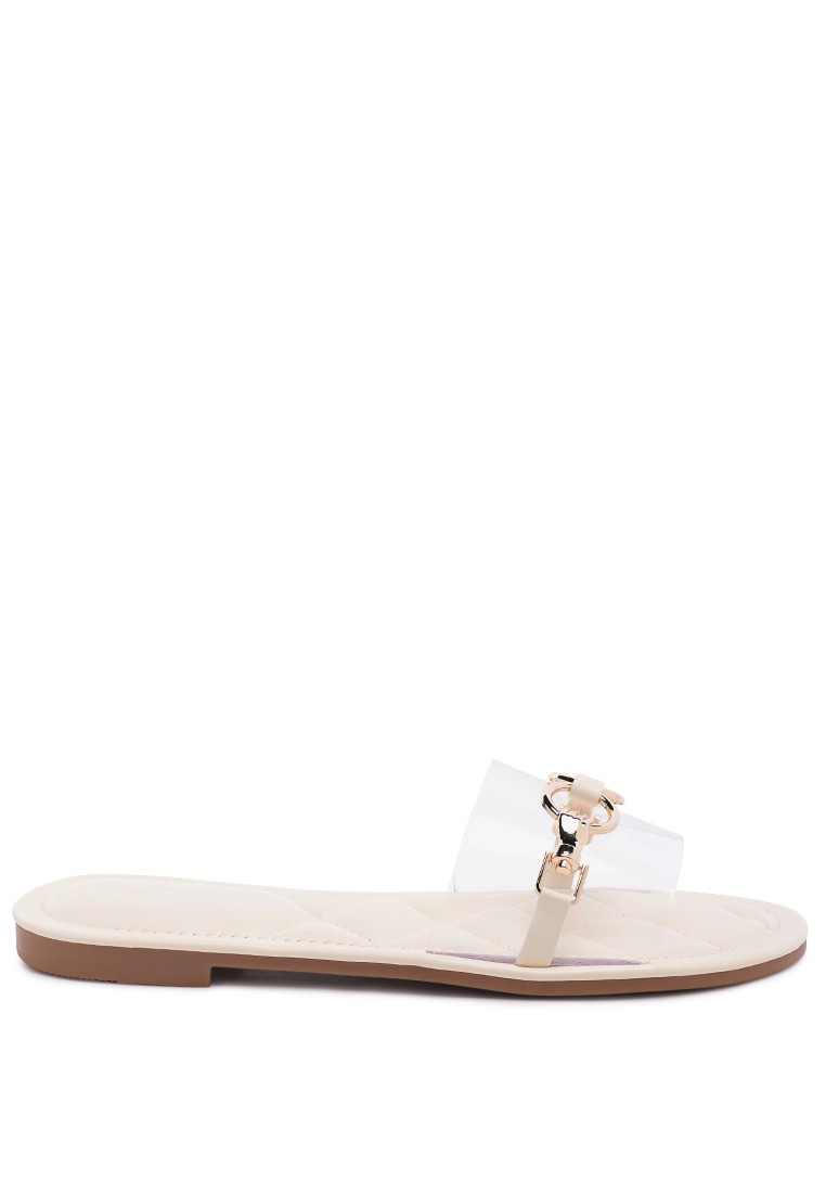 Clear Buckled Quilted Slides in Beige
