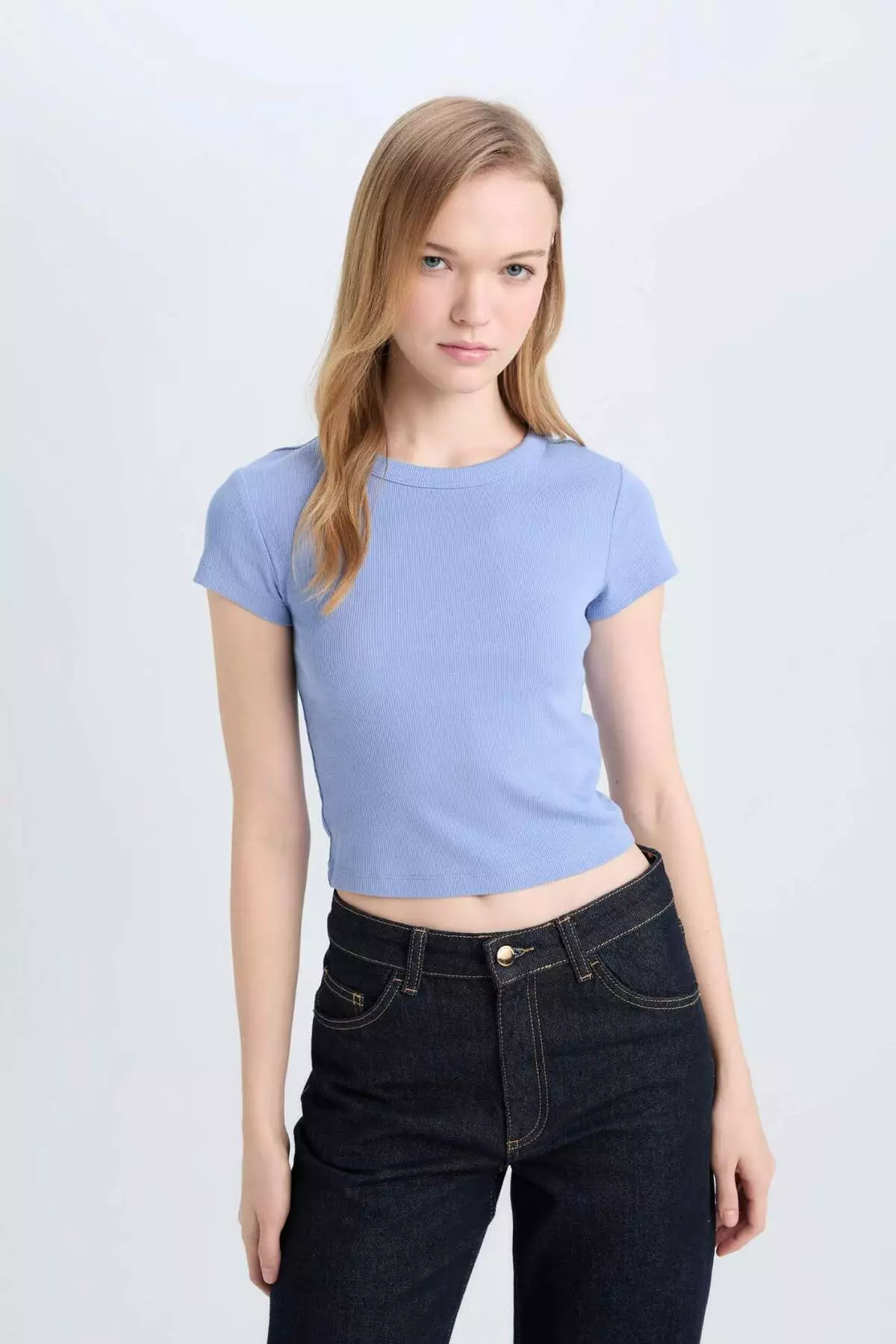 Coool Fitted Basic Plain Ribbed Camisole Short Sleeve T-Shirt E0287Ax25Sm