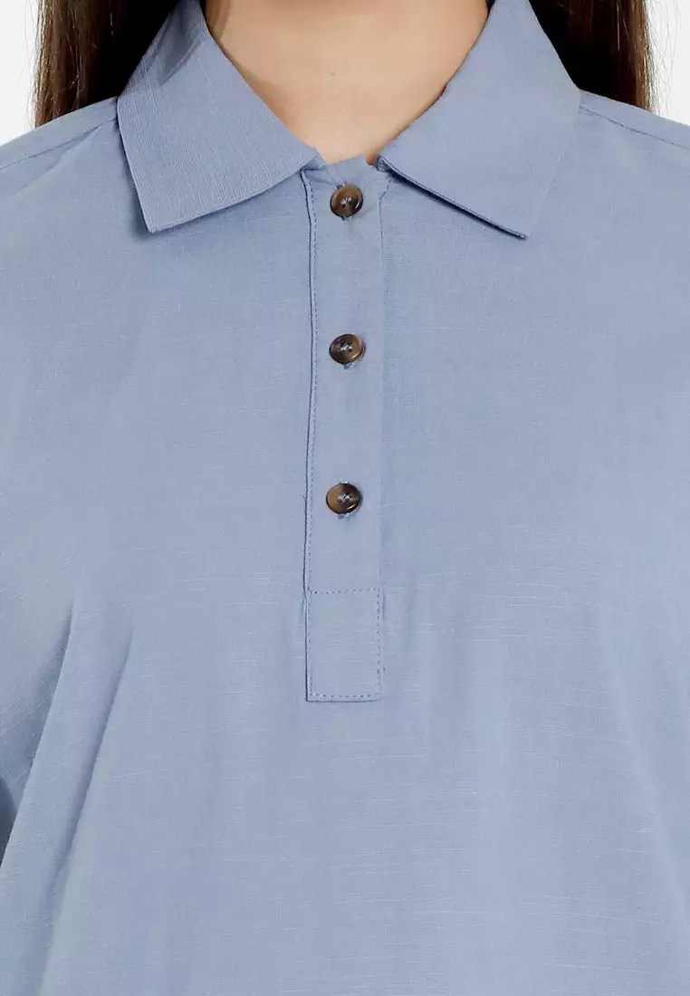 Forest Ladies Cotton Linen 3/4 Sleeve Collar Blouse Women Shirt | Baju Kemeja Perempuan Lengan Panjang - 822474-38DustyBlue