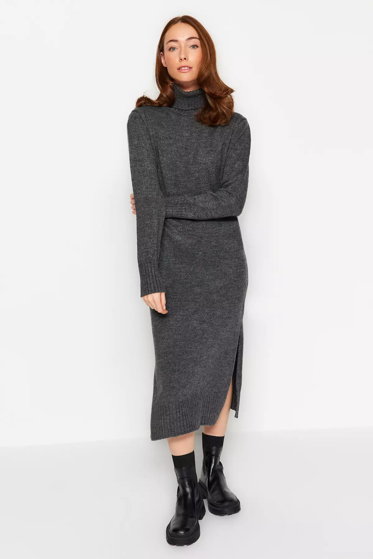 Anthracite Midi Wide Fit Soft Texture Knitwear Dress