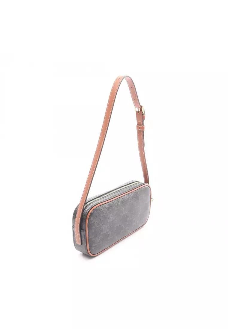 Pre-Loved Celine Cuill Triomphe Mini Camera Bag one shoulder bag PVC leather black Brown multicolor