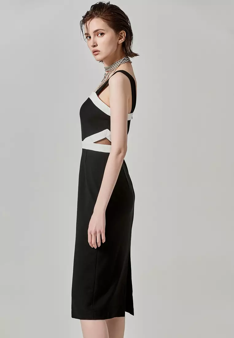 Midi Black Dress With Contrast White Trim