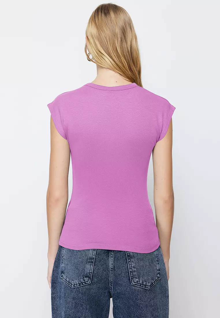 Pink Soft Fabric Fitted Moon Sleeve Flexible Knitted Blouse