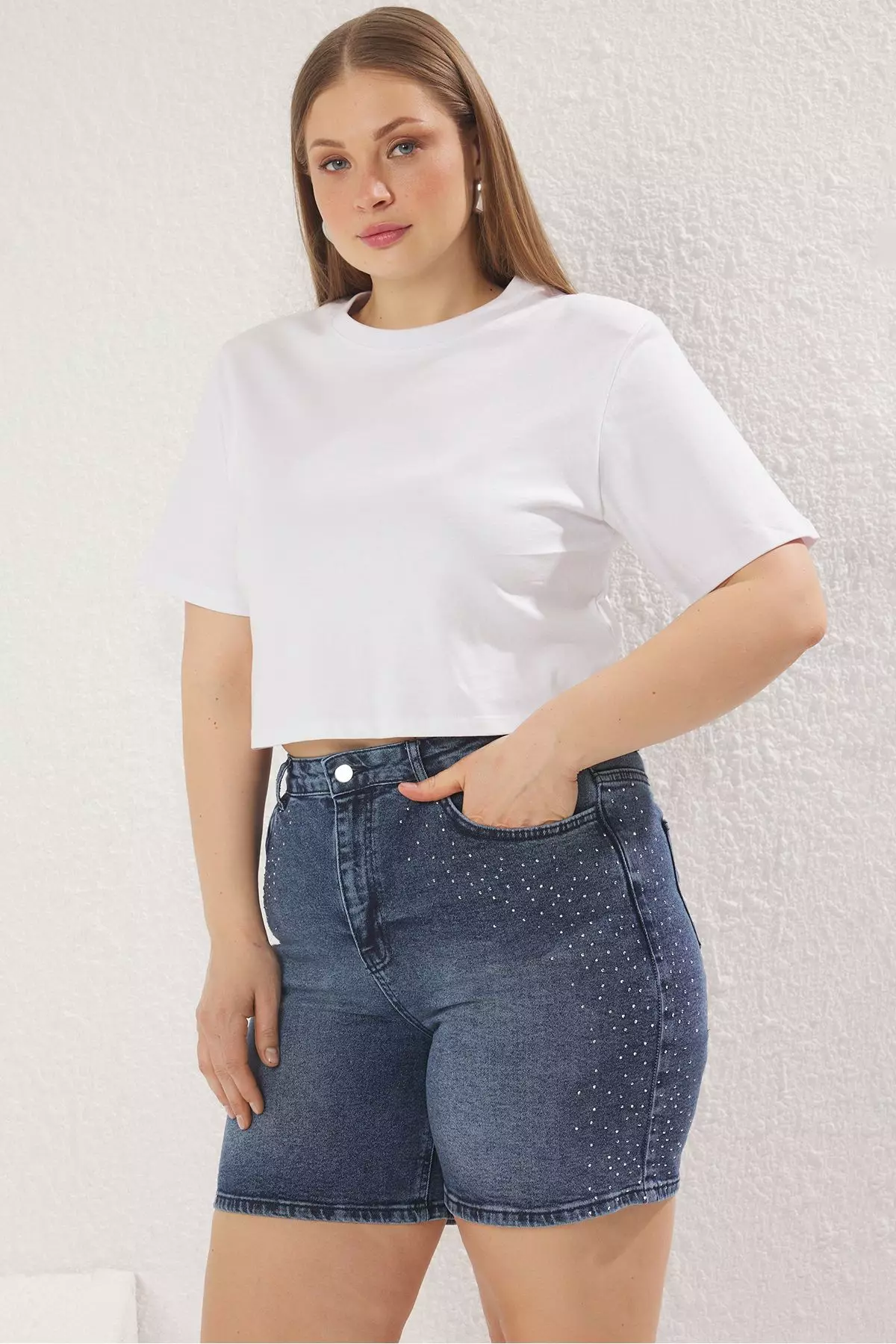 High Waist Stoned Denim Plus Size Shorts