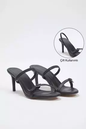 Black Buckle Detailed Dual-Use Thin Heeled Almond Toe Women's Heeled Sandals Takss25To00010