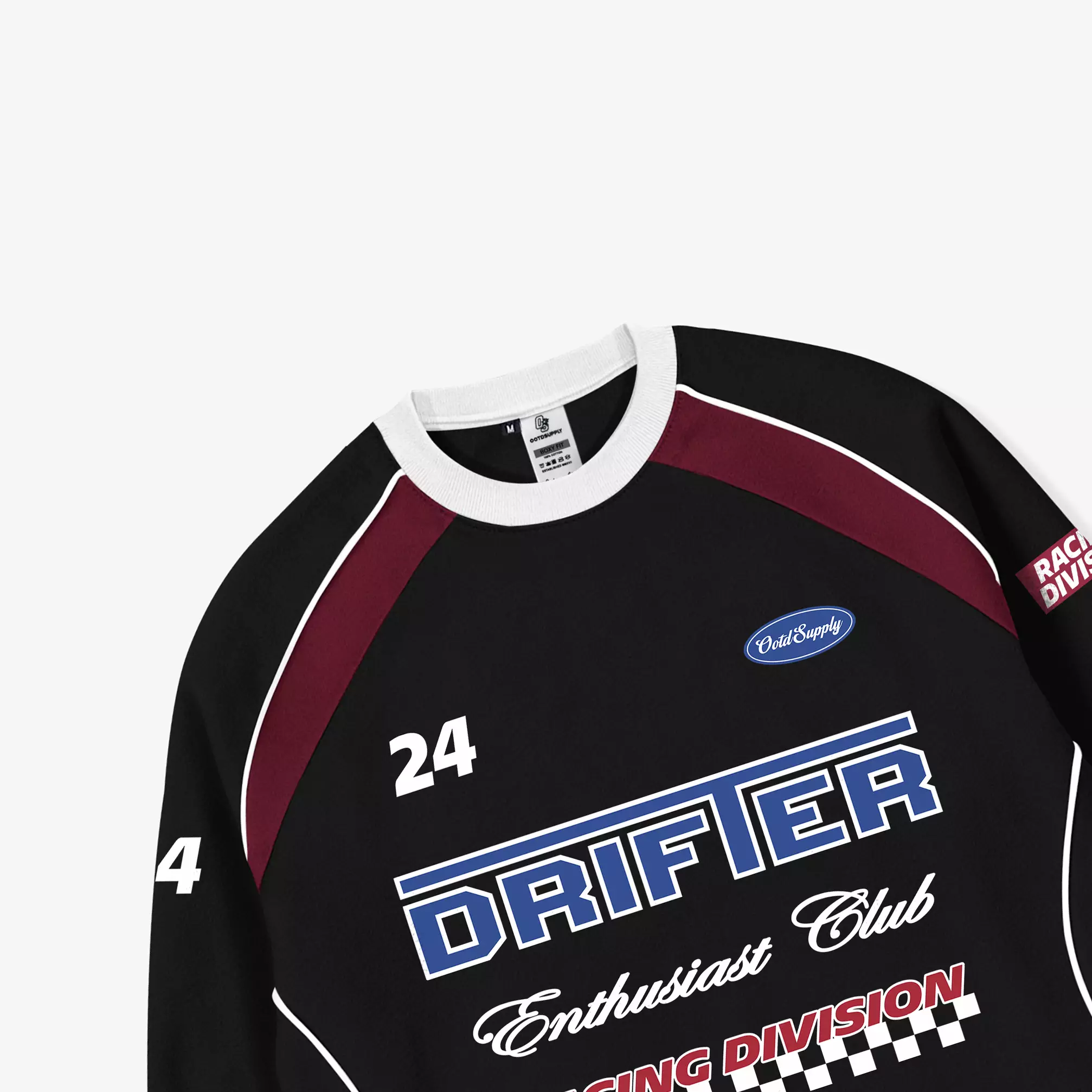 OOTDSUPPLY Longsleeve Boxyfit Wave Line Octane Black Maroon l Racing Streetwear Unisex | Kaos Lengan Panjang Boxyfit | OS-LS-BX-WL-BB-002