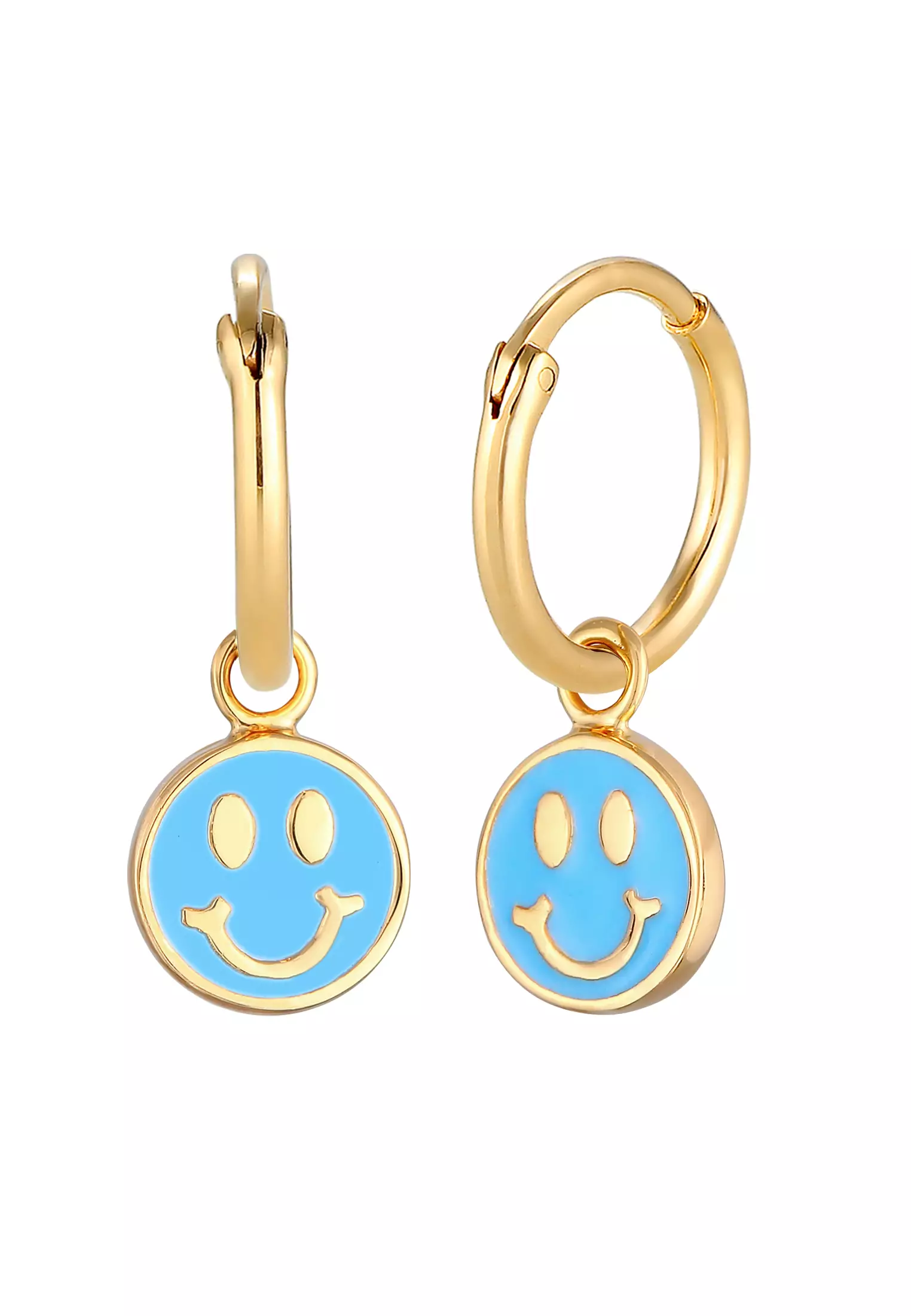 Earrings Platelet Smiley Blue Enamel Gold Plated