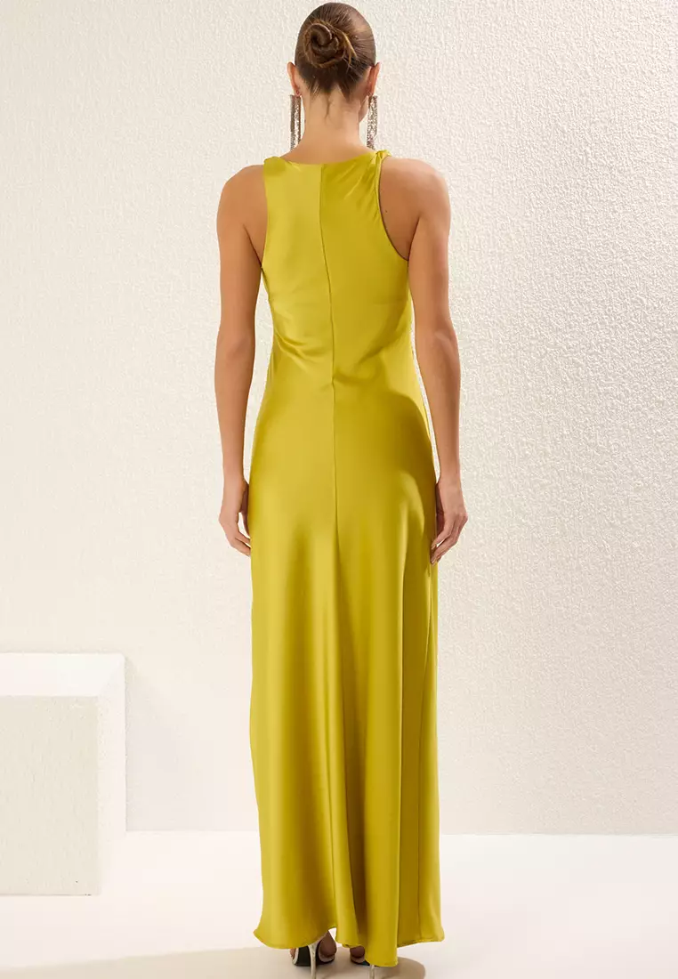 Oil Green Fitted Satin Woven Maxi Evening Prom Dress TPRSS25AE00066