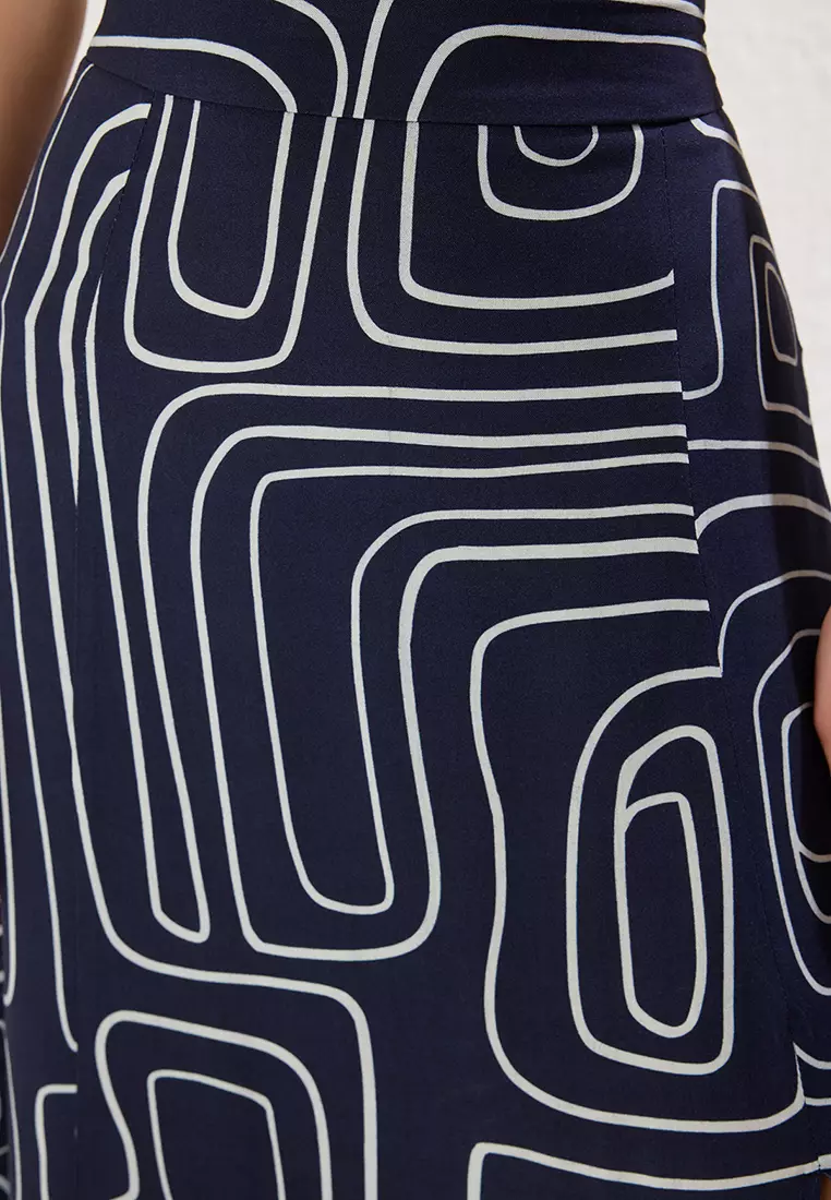 Dark Navy Blue Patterned Slit Detail Midi Woven Skirt
