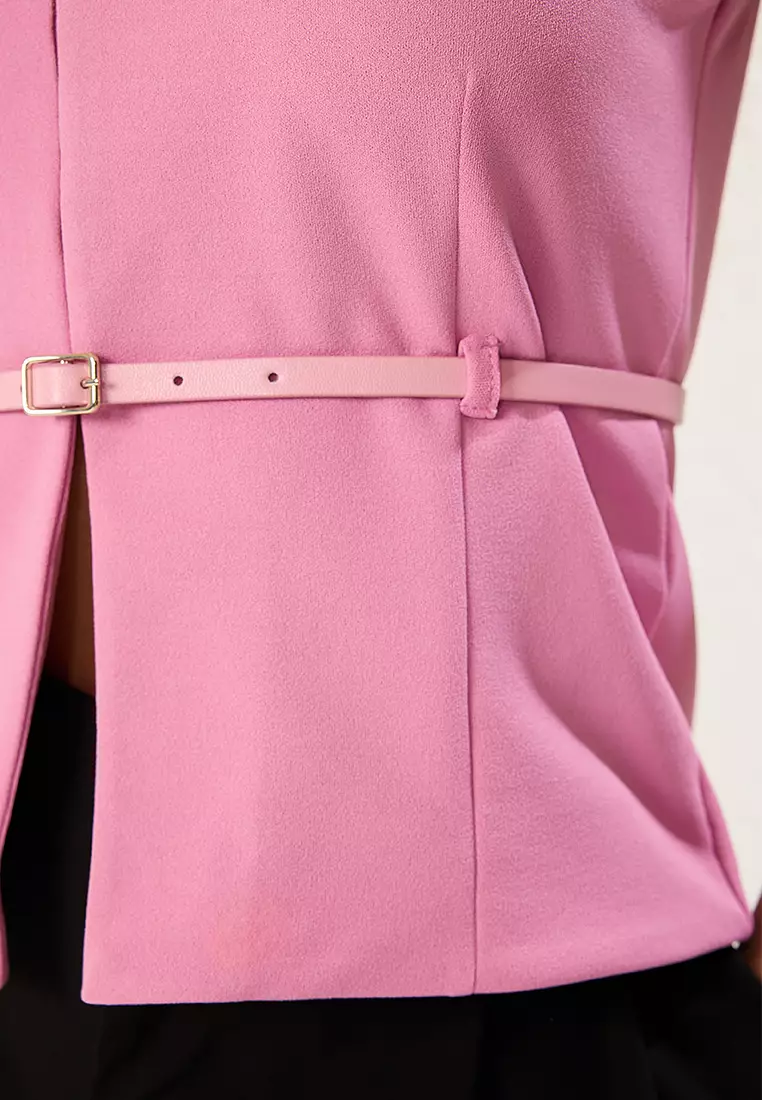 Pink Fitted Belted Crepe Knit Blouse