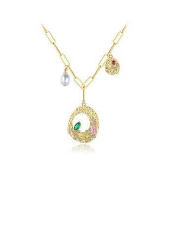 Glamorousky white Fashion and Elegant Plated Gold Hollow Geometric Imitation Pearl Pendant with Colorful Cubic Zirconia and Necklace 2C561AC290E839GS_1