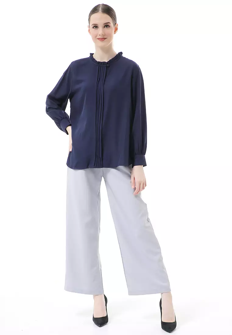 Vionka Kemeja Atasan Wanita Opnaisel Motif Polos - Navy