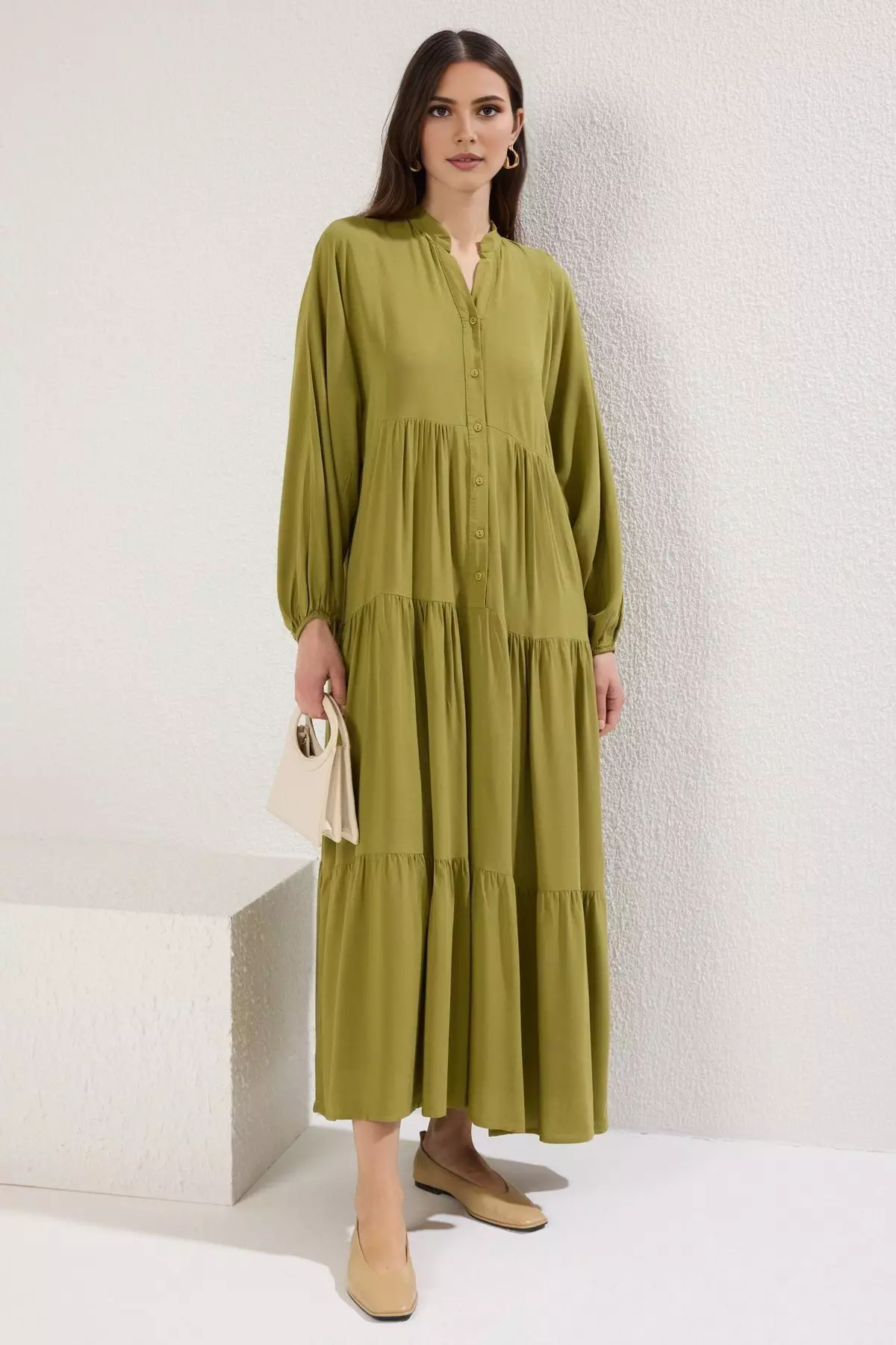 Oil Green Viscose Woven Dress Tctss24Eb00221