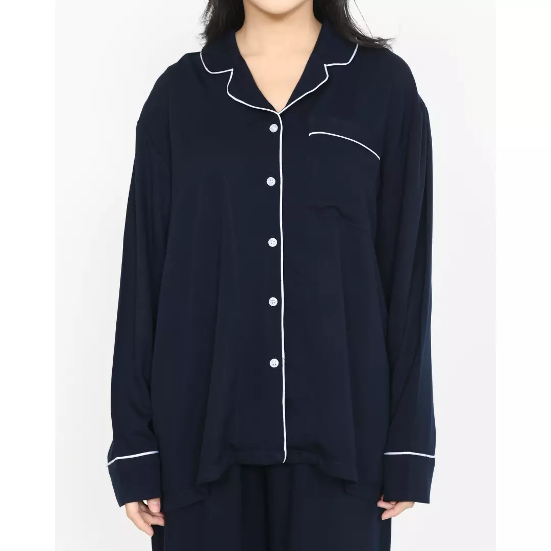 Pyjama Cotton Basic [NAVY] Baju Tidur Long Sleeve Long Pants Sleepwear