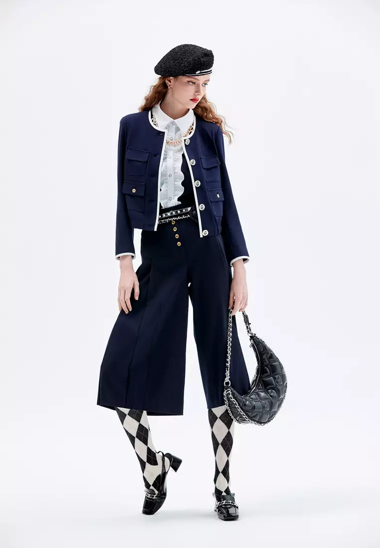 Pleated Wide Leg Navy Pants