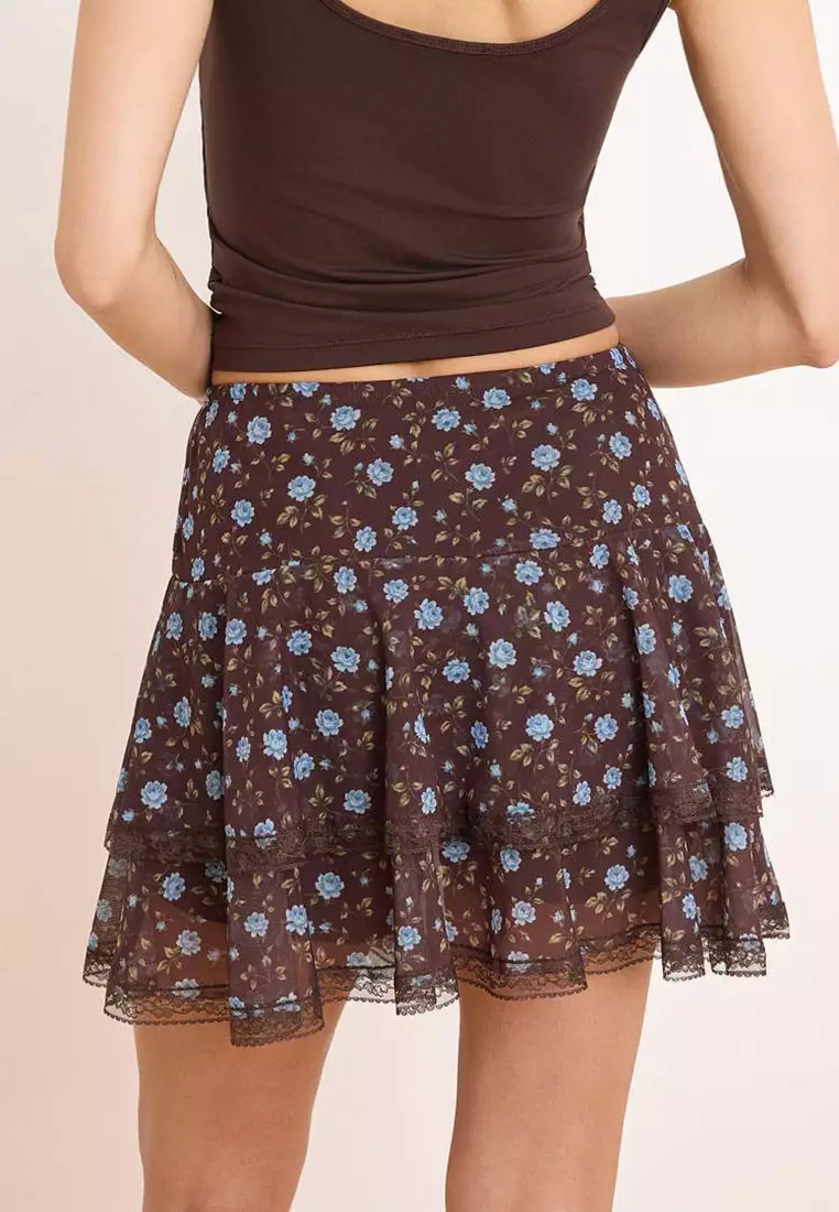 Multi-Colored Floral Shorts Skater Lace Detailed Regular Waist Mini Tulle Knitted Skirt Twoss26Et91