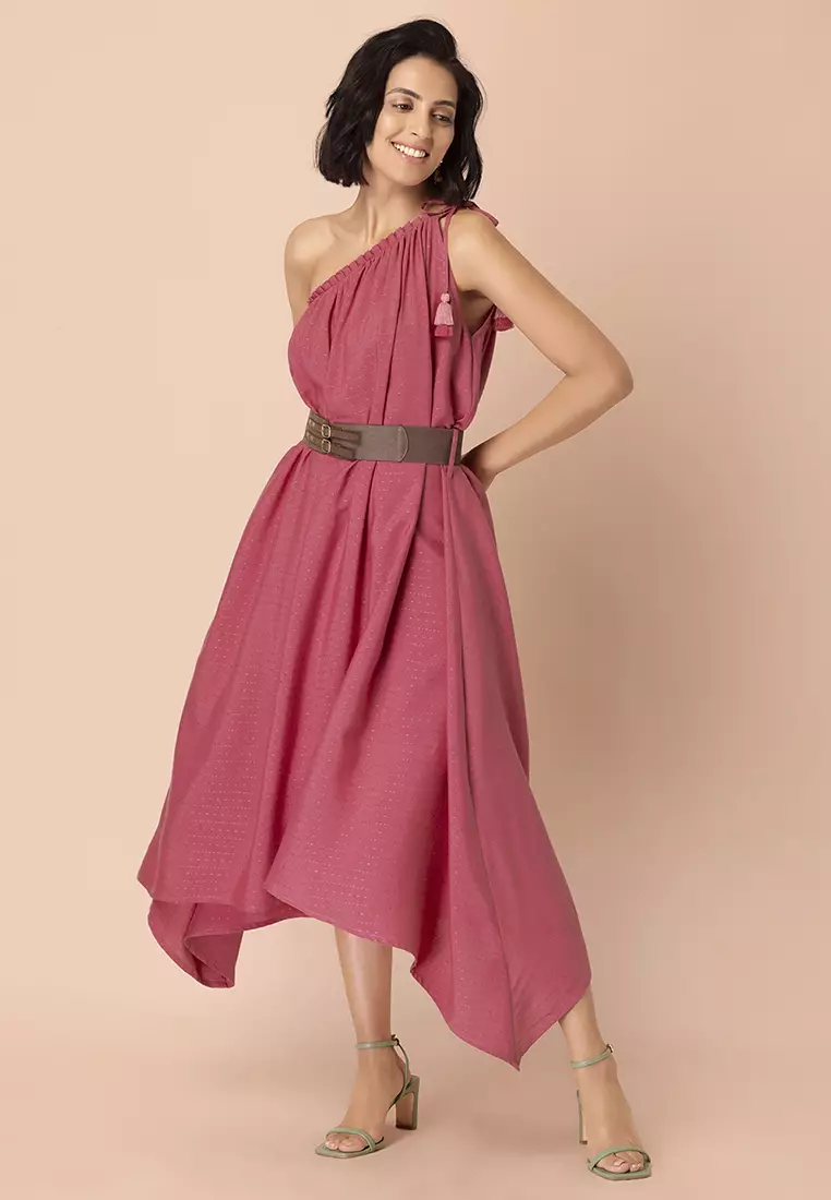 Pink One Shoulder Dress with Leather Belt