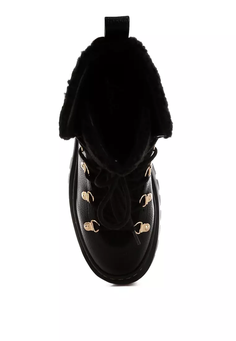 Fleece & Faux Leather Boots in Black