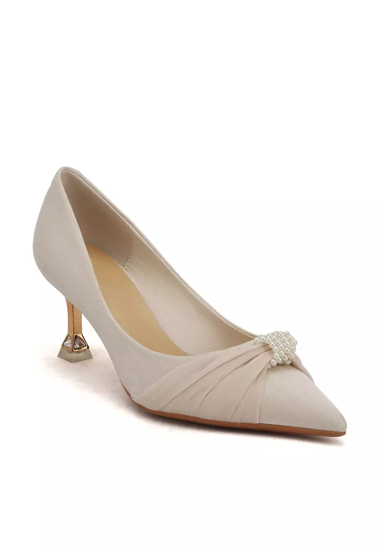 6.5CM 珍珠扣尖頭綢緞面高踭鞋 XJ998-12