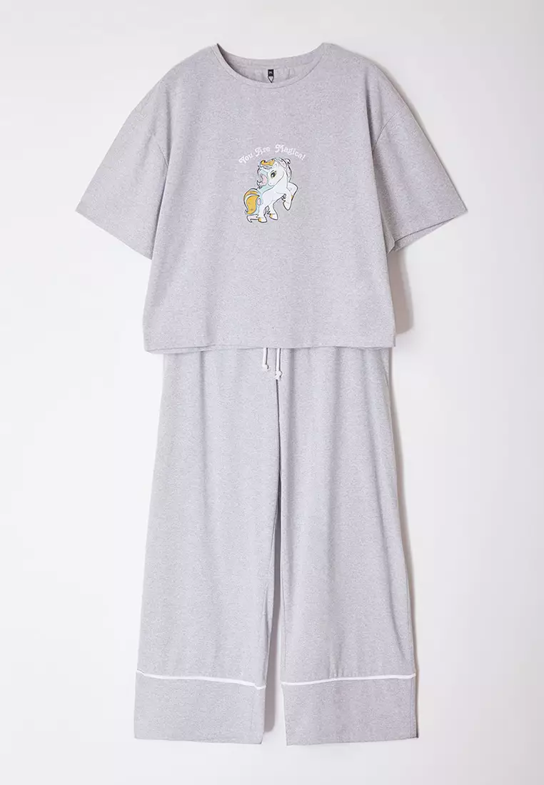 Grey Printed Wide Leg Crop Boy Knitted Pajama Set TBBAW23AI00040