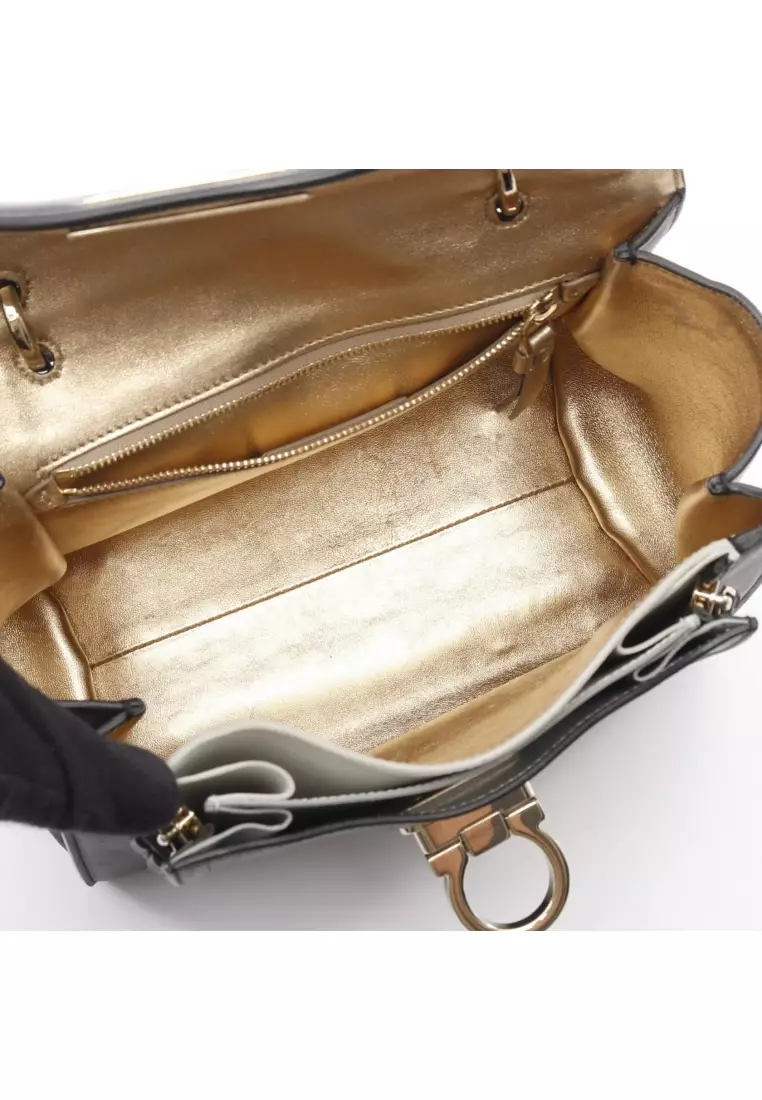 Pre-Loved Salvatore Ferragamo Sofia rainbow Gancini Handbag leather black 2WAY